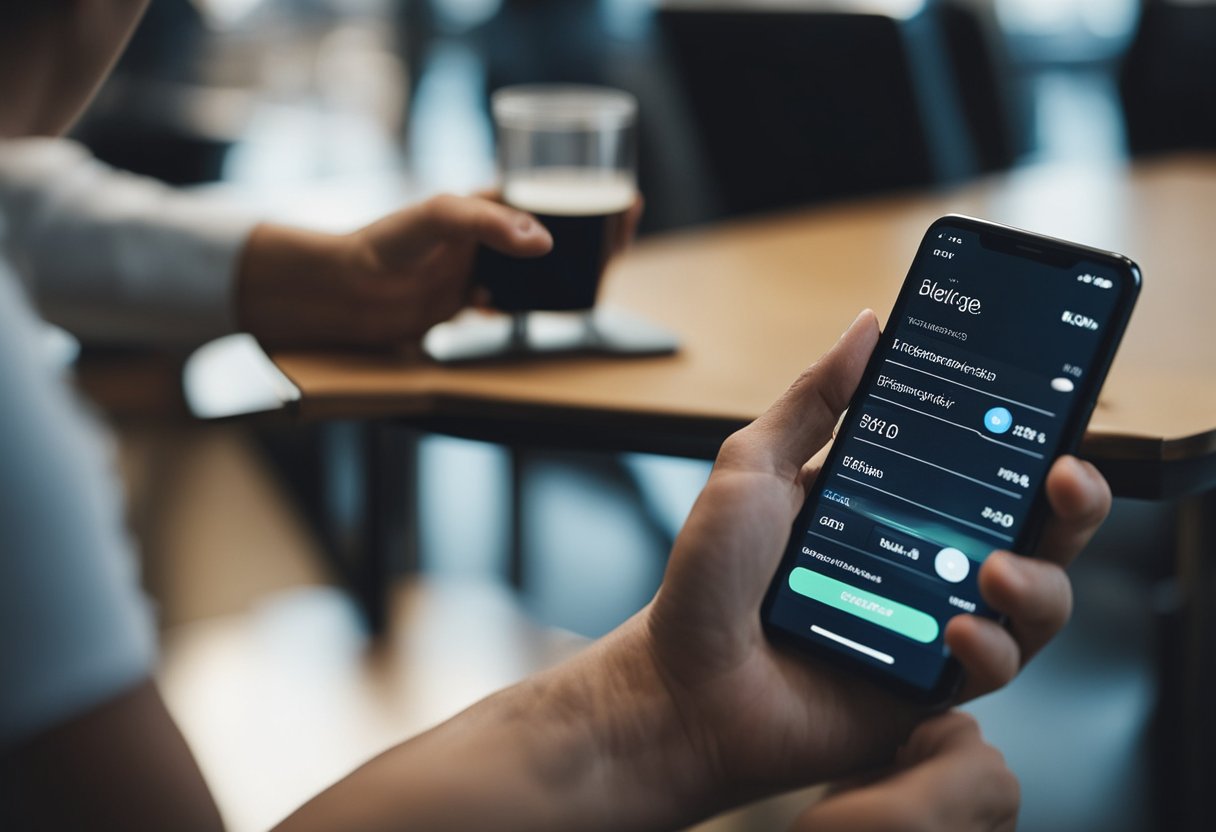 Uma pessoa usando um smartphone para navegar em um aplicativo bancário, selecionando a opção para excluir seu histórico de transações Pix.