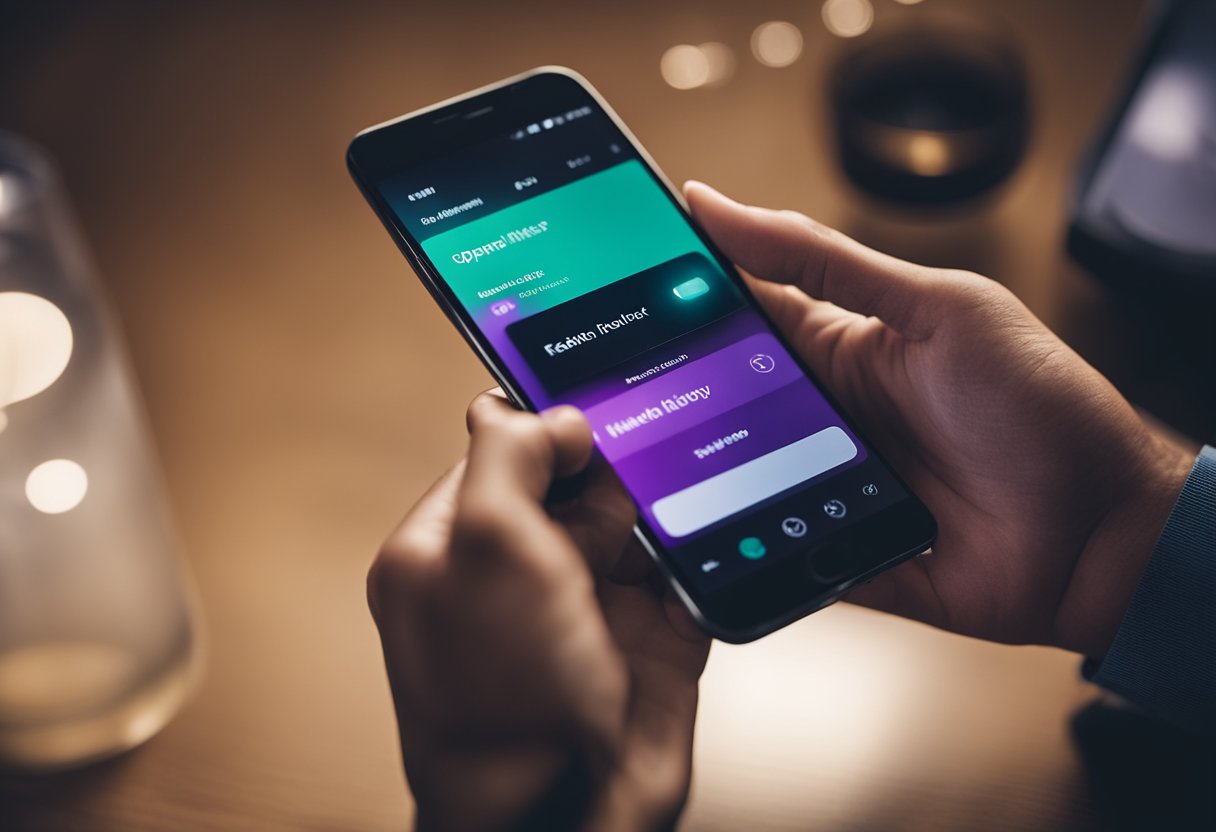 Uma mão alcançando um smartphone com o aplicativo Nubank aberto, tocando no menu de configurações e selecionando a opção para limpar o histórico de navegação.