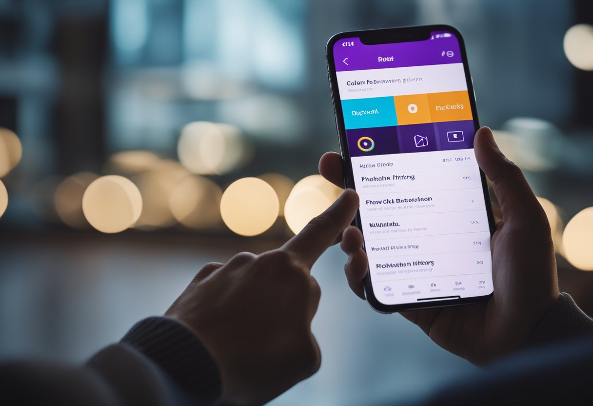 Uma mão alcançando um smartphone, tocando no aplicativo Nubank, navegando até as configurações e selecionando a opção para limpar o histórico de navegação