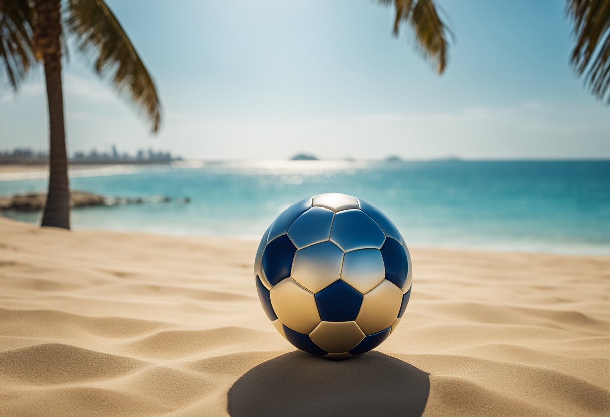 Uma bola de futebol está em uma praia de areia dourada, com palmeiras e um oceano azul claro ao fundo, simbolizando a antecipação e a empolgação de apostar na Copa do Mundo do Catar.