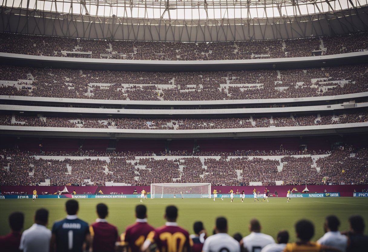 Um estádio de futebol cheio de torcedores aplaudindo enquanto assistem à Copa do Mundo no Catar. Bandeiras de diferentes países tremulam no ar enquanto os jogadores competem em campo.