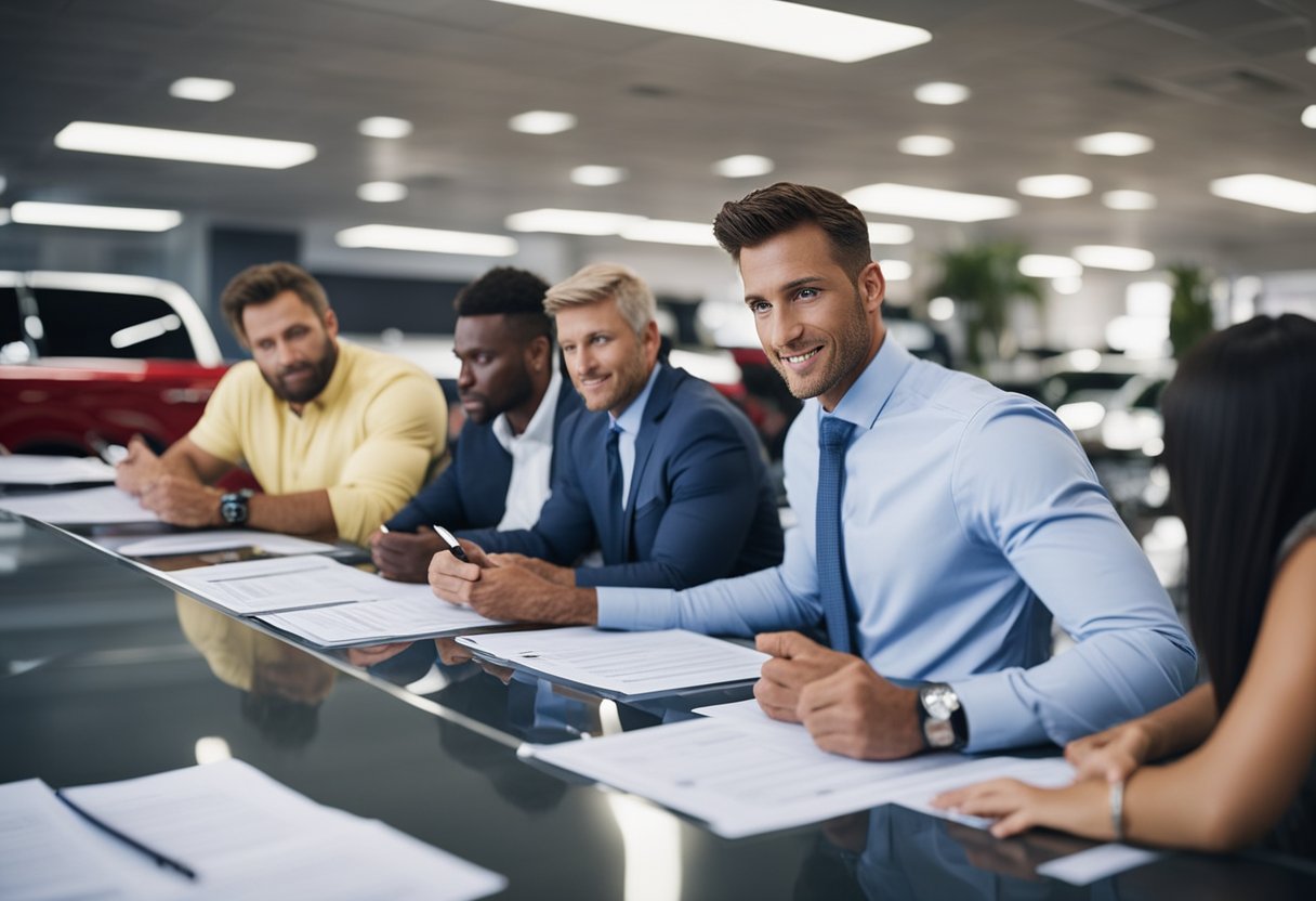 Uma movimentada concessionária de caminhões com representantes de vendas ajudando clientes e gerentes financeiros revisando solicitações de empréstimo. Caminhões alinhados para exibição ao fundo.