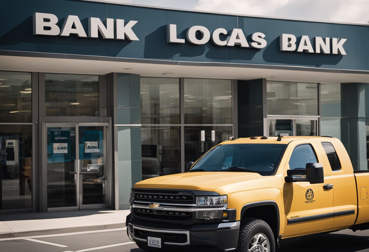 Um caminhão estacionado em frente a um banco com uma fila de pessoas esperando para falar com um agente de empréstimos. O sol está brilhando e a placa do banco é visível.