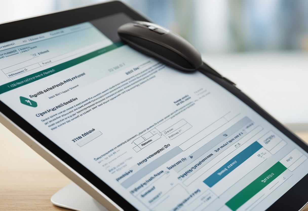 Uma tela de computador exibindo o processo de assinatura do alvará de trabalho digital com uma caneta stylus ou mouse clicando no botão "assinar"