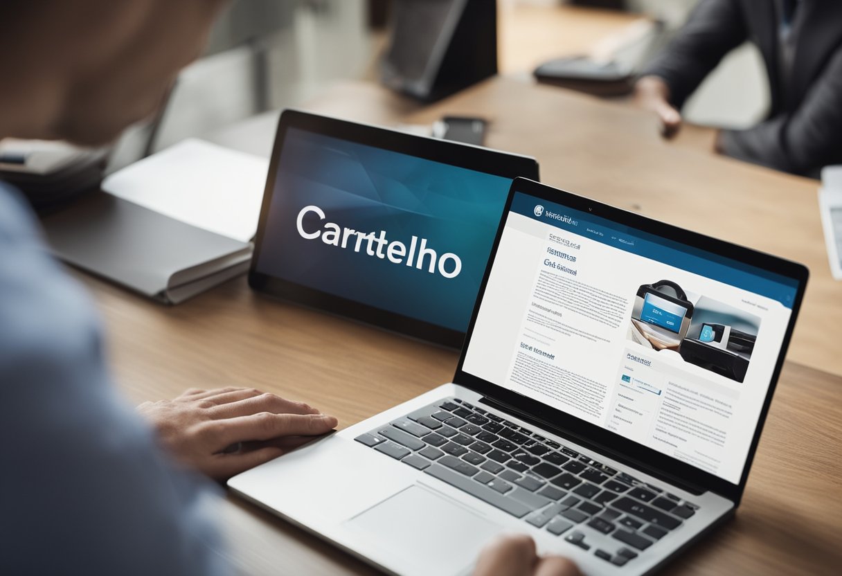 Um dispositivo digital exibindo o site da "Carteira de Trabalho Digital" com uma assinatura virtual sendo aplicada ao documento.