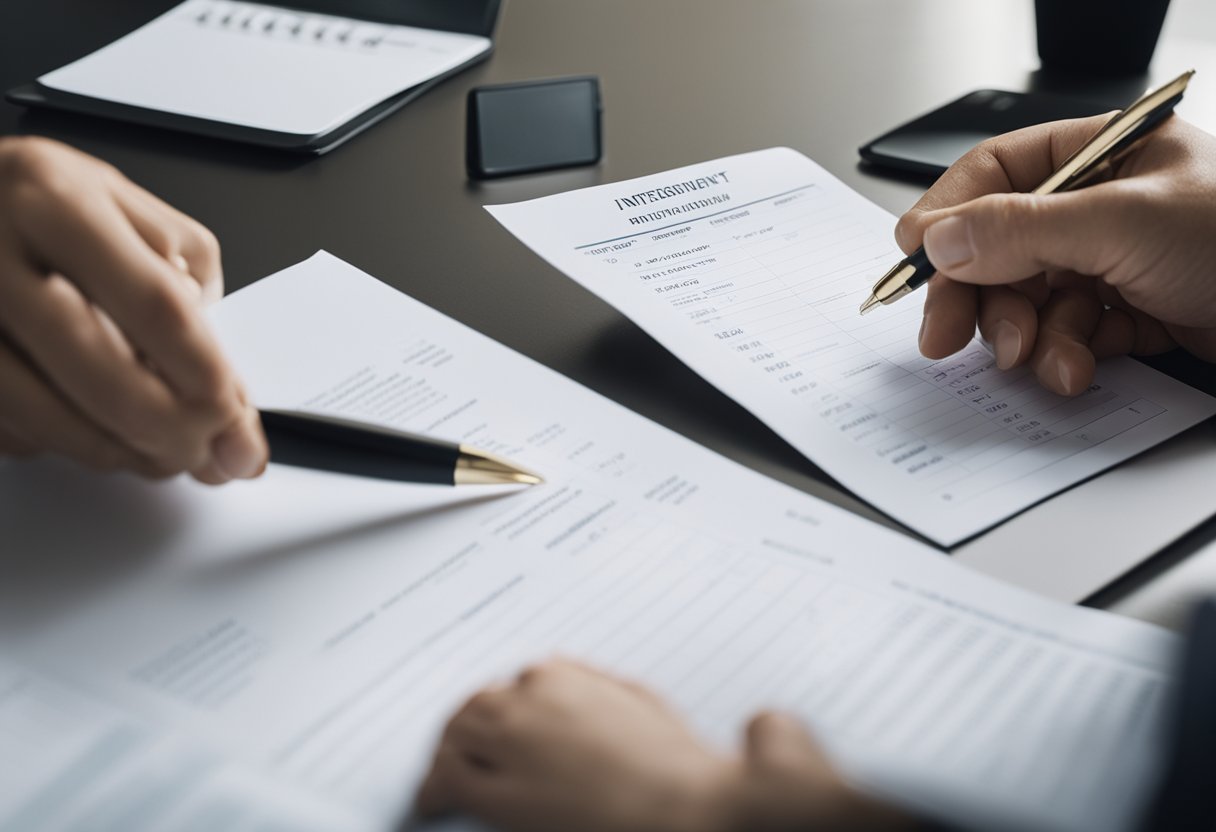 Um contrato sendo assinado por um empregador e um trabalhador intermitente, com um calendário mostrando dias de trabalho irregulares e valores de pagamento.