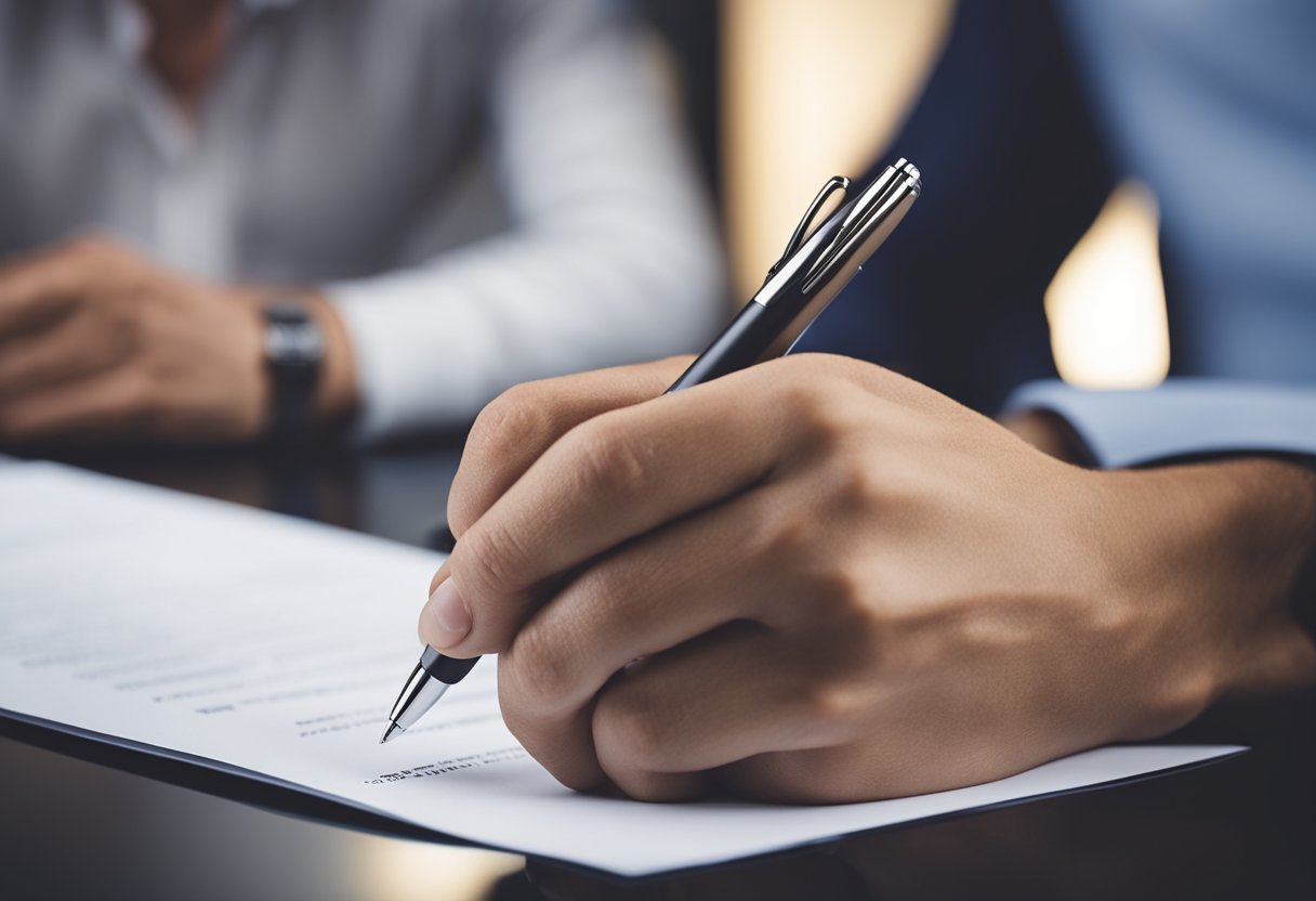 Uma mão segurando uma caneta assinando um documento, com um fundo desfocado de um ambiente de trabalho