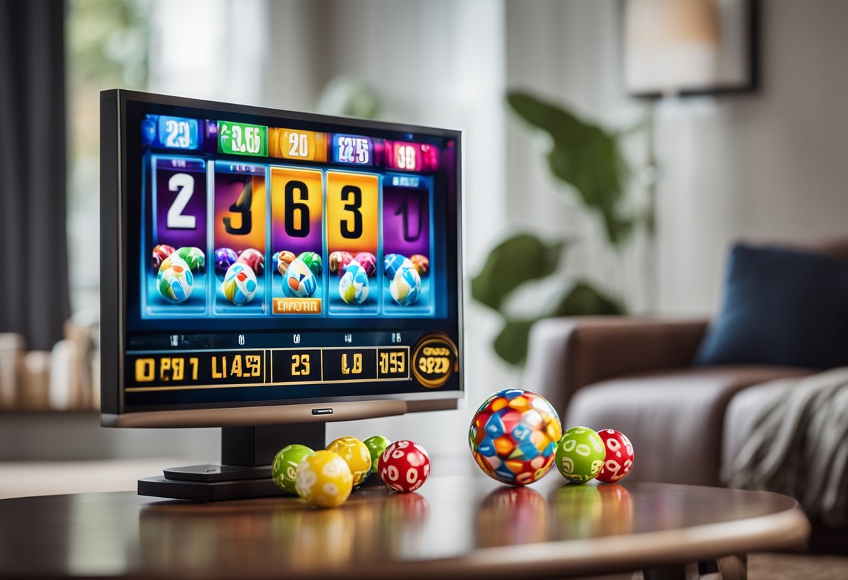 Uma máquina de loteria colorida gira bolas enquanto uma transmissão ao vivo é exibida em uma tela de TV em uma sala de estar aconchegante.