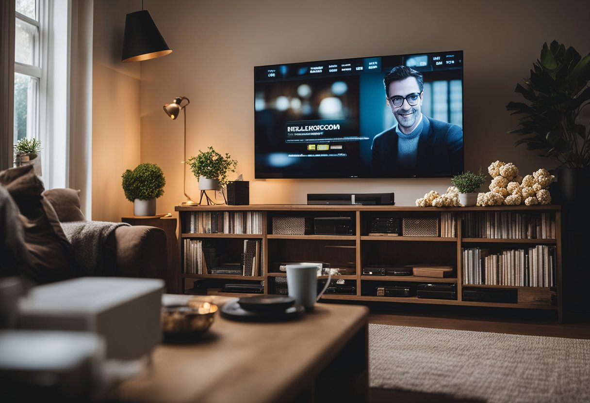 Uma sala de estar aconchegante com uma TV de tela grande, cercada por prateleiras de DVDs e pipoca, enquanto uma pessoa se acomoda para assistir a uma série no Telegram.