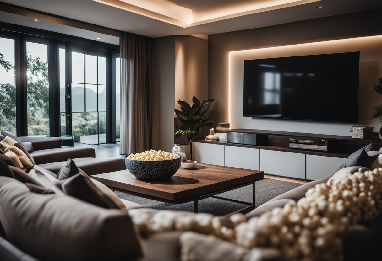 Uma sala de estar aconchegante com uma grande tela de TV e uma tigela de pipoca, cercada por assentos confortáveis e iluminação suave