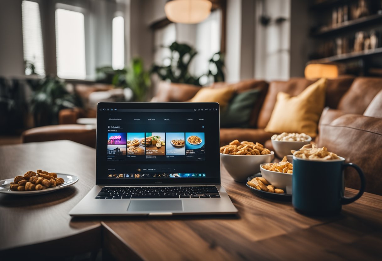 Uma sala de estar aconchegante com um laptop aberto em um canal do Telegram dedicado a séries, cercado por petiscos e um sofá confortável para uma maratona de binge-watching.