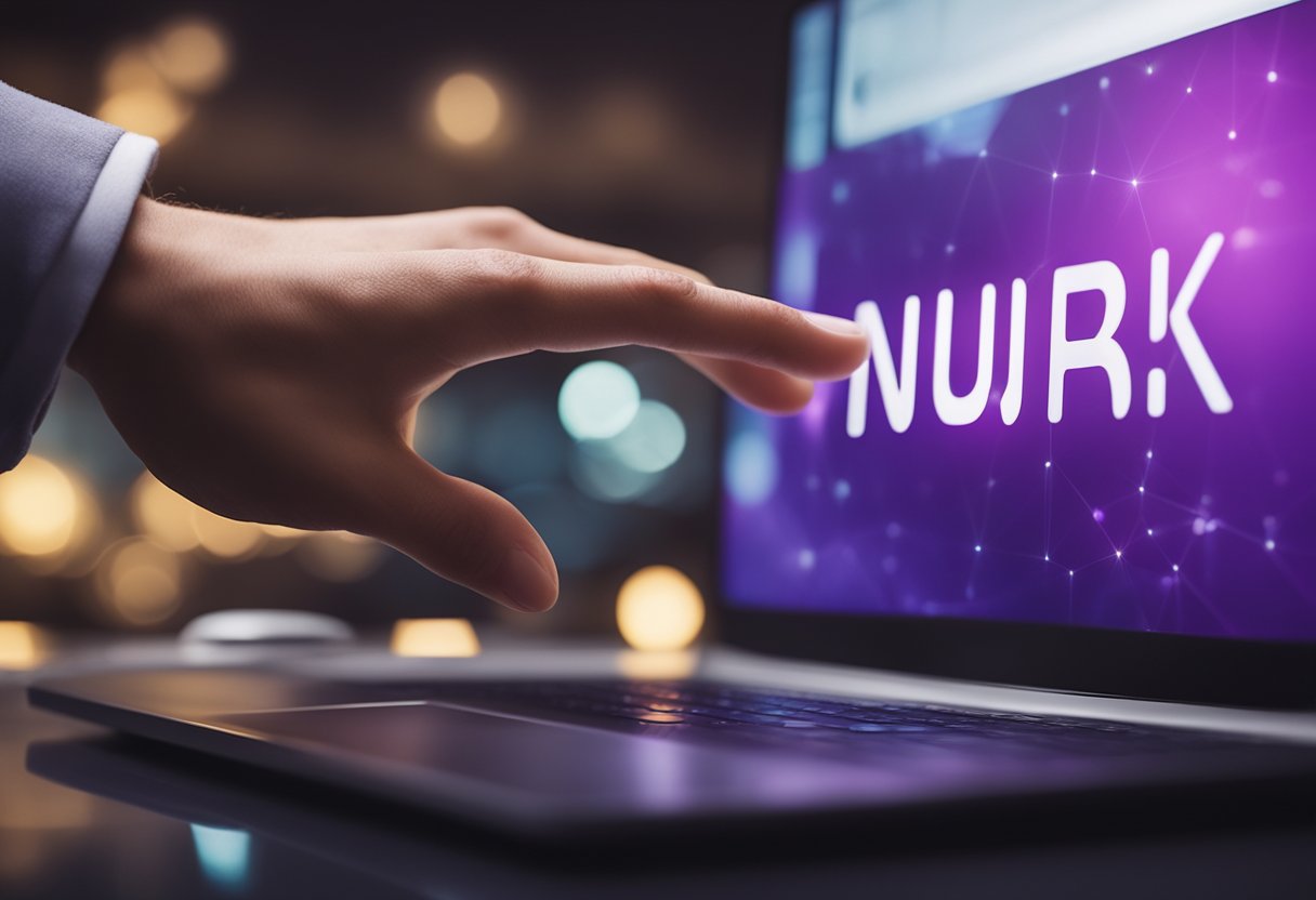 Uma mão se estendendo para tocar um logo do Nubank com um símbolo de ativação brilhante acima dele