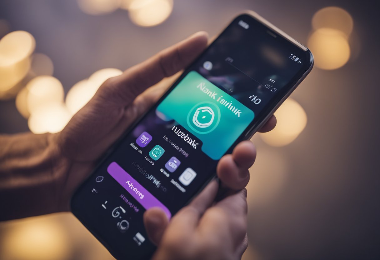 Uma mão se estendendo em direção a um smartphone com o aplicativo do Nubank aberto, ativando a função "Aproximação".