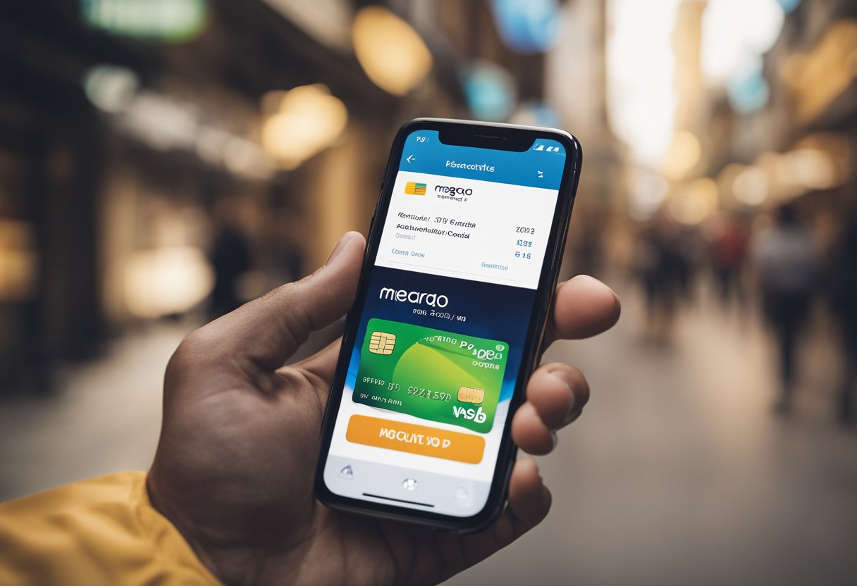 Uma mão segurando um smartphone com o aplicativo Mercado Pago aberto, com um cartão de crédito e um botão "ativar crédito" na tela