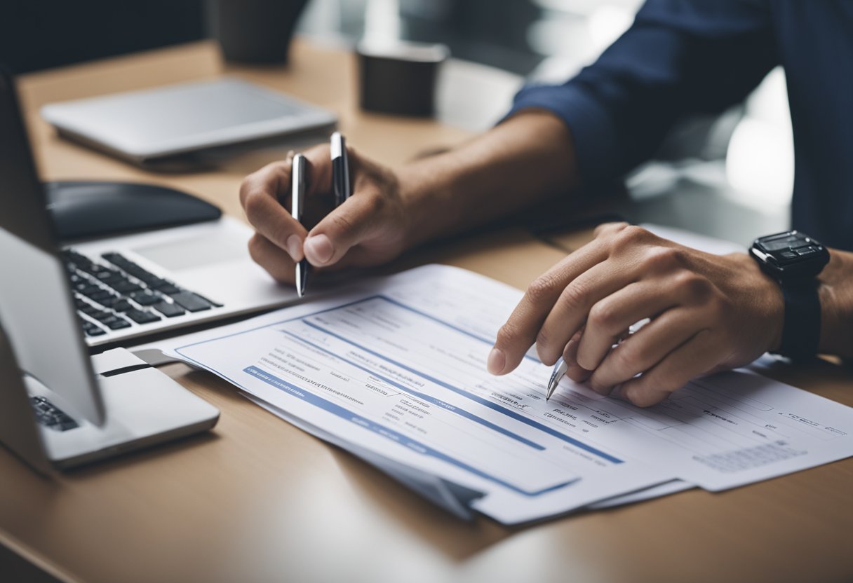 Uma pessoa usando um computador para acessar um site, preenchendo um formulário e imprimindo um boleto bancário.