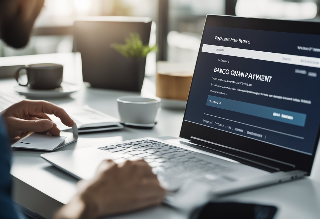Uma pessoa sentada em um computador, navegando pelo site do Banco Original para atualizar um boleto, com um tutorial aberto na tela.