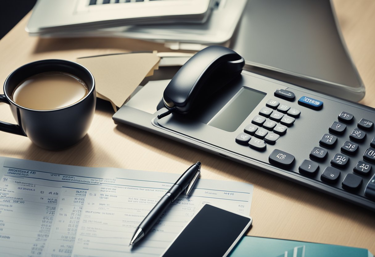 Uma mesa com um laptop aberto no site do Banco Original, uma caneta e uma calculadora. Um monte de contas e um telefone próximo.