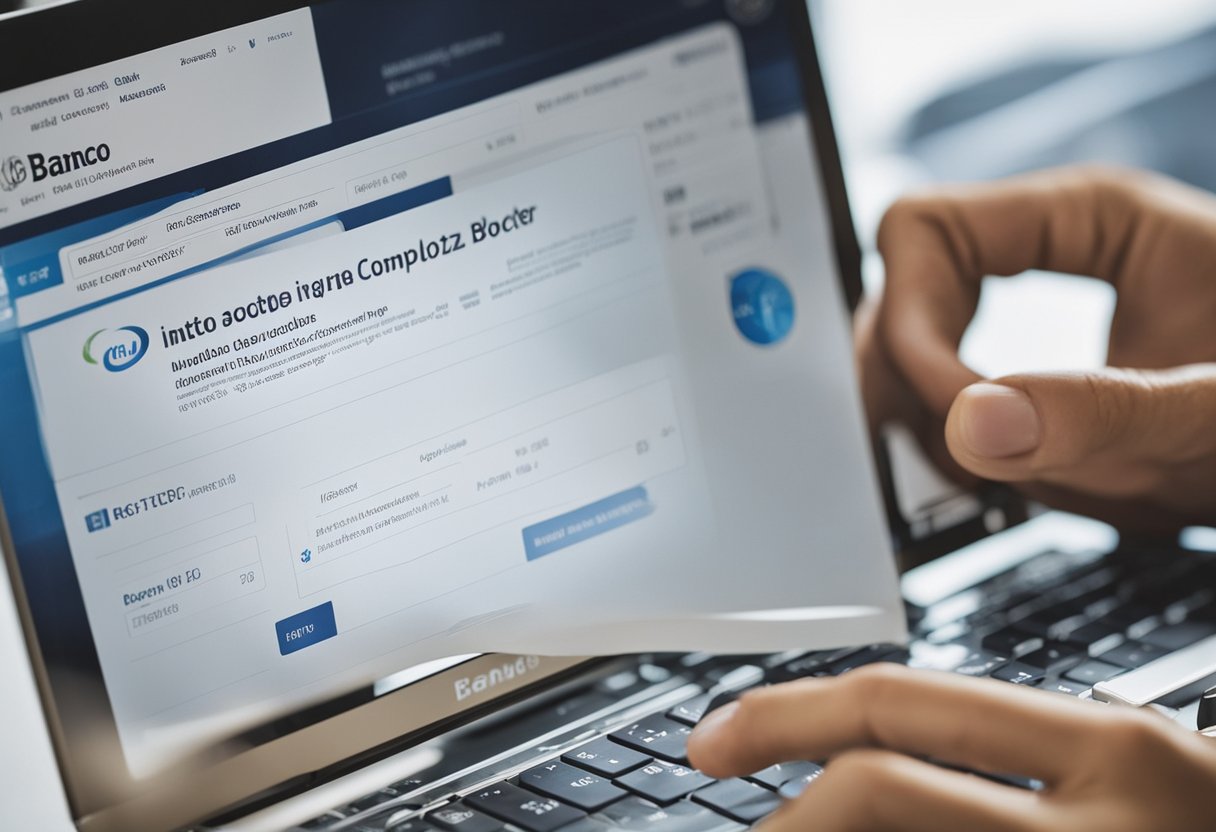 Uma pessoa usando um computador para acessar o site do Banco Inter e navegando até a seção "Atualizar Boleto" para atualizar seu boleto bancário.