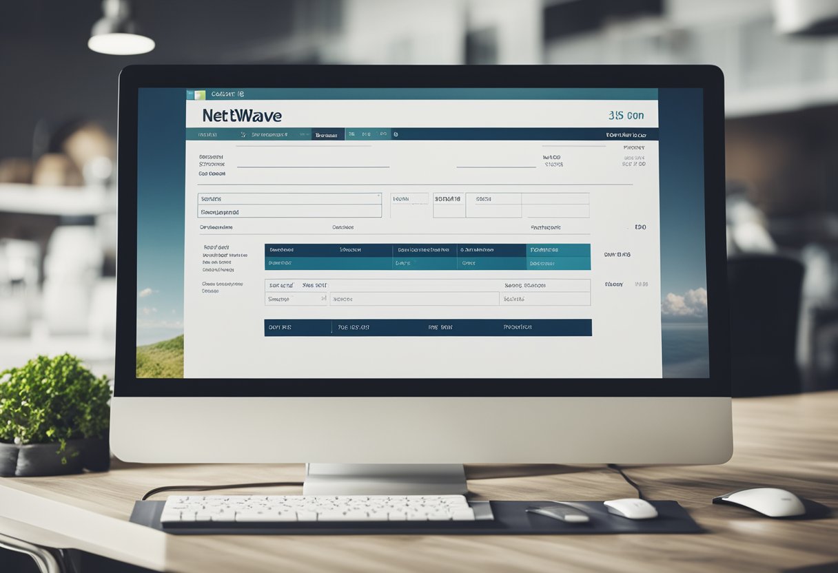 Uma tela de computador exibindo um site com a opção de atualizar uma fatura da Netwave, com um cursor de mouse clicando no botão de atualizar