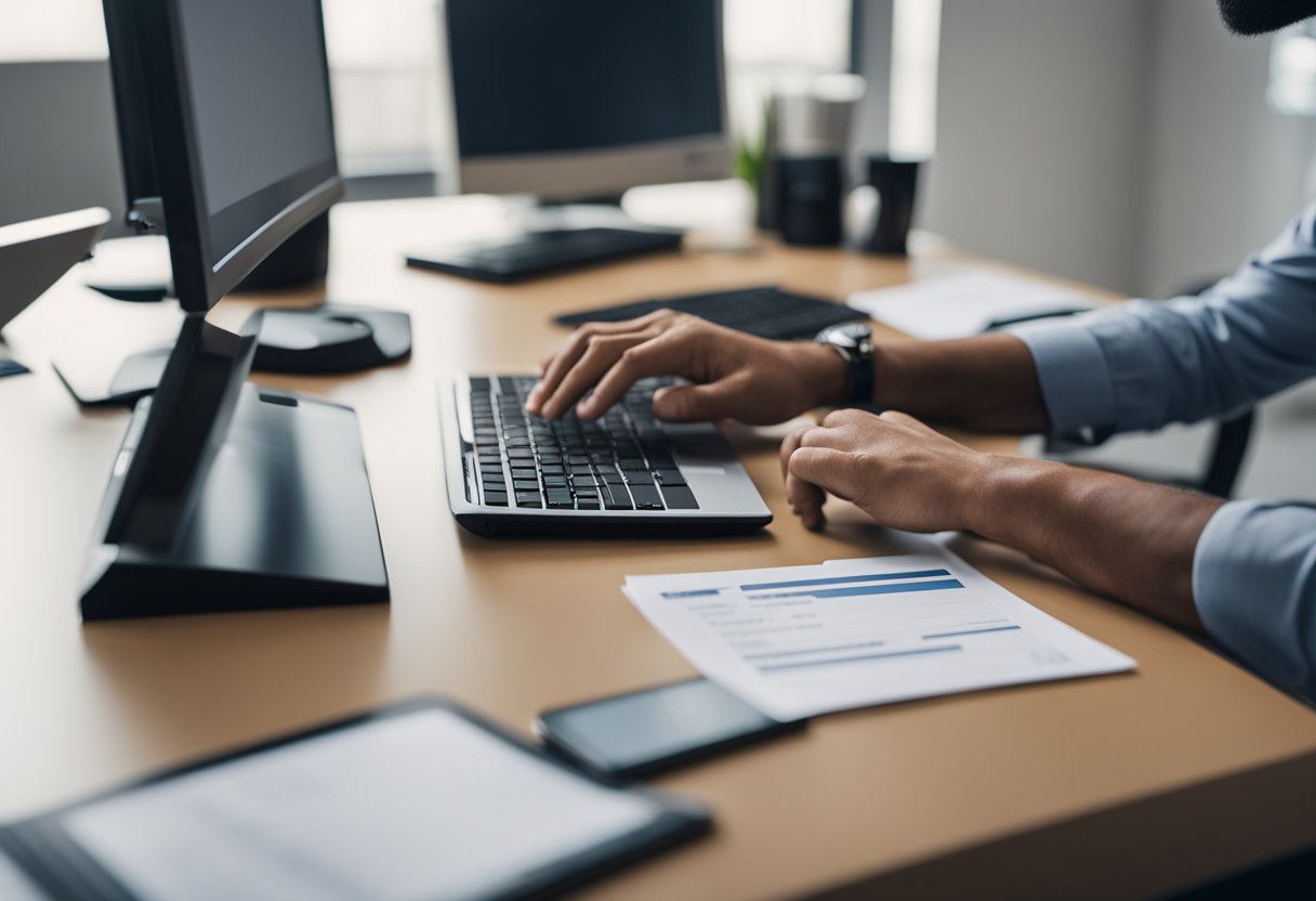 Uma pessoa sentada em uma mesa com um computador, inserindo informações para atualizar um boleto Sicoob atrasado.