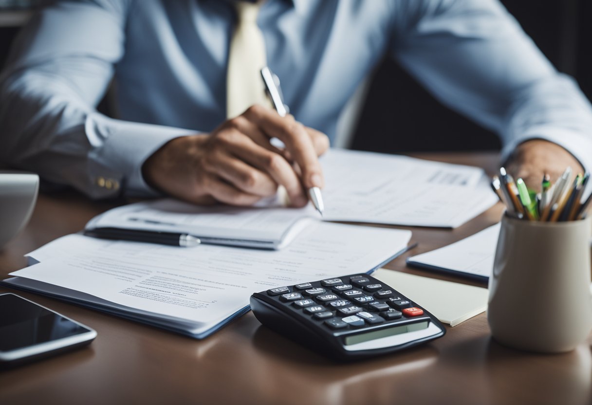 Uma pessoa sentada em uma mesa com uma calculadora, extratos bancários e uma caneta, parecendo determinada e focada em preparar um pedido de aumento do limite da conta poupança.