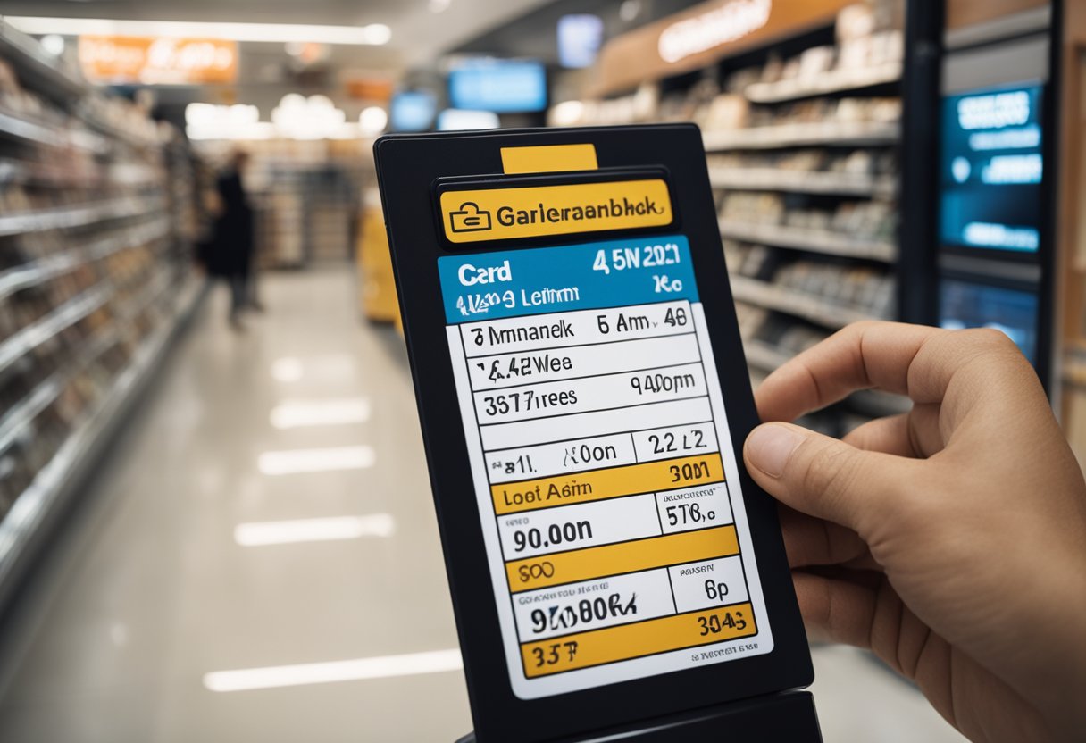 Uma pessoa usando um cartão Girabank em uma loja, olhando para uma placa que mostra o limite atual e se perguntando como aumentá-lo.