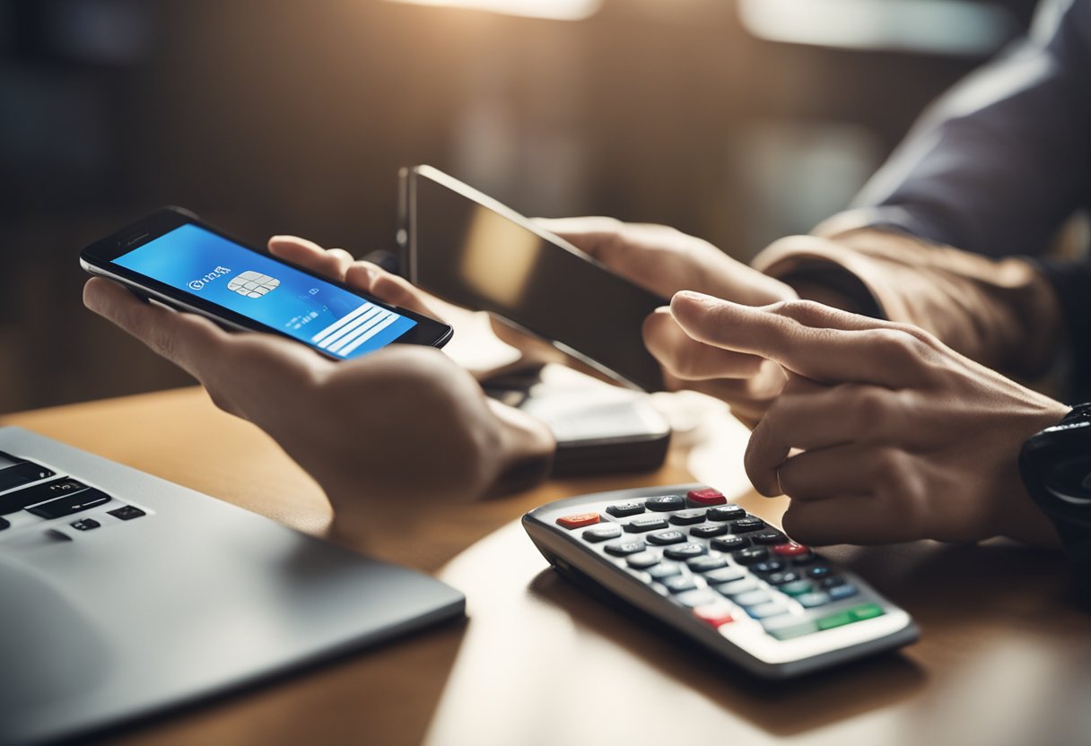 Uma pessoa usando um smartphone para acessar o aplicativo Girabank, com um cartão de crédito e uma calculadora na mesa