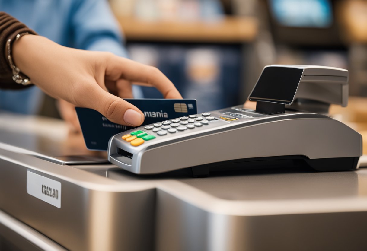 Uma pessoa passando um cartão de crédito em um caixa de loja, com um caixa sorridente e um logo da "Magazine Luiza" visível ao fundo.