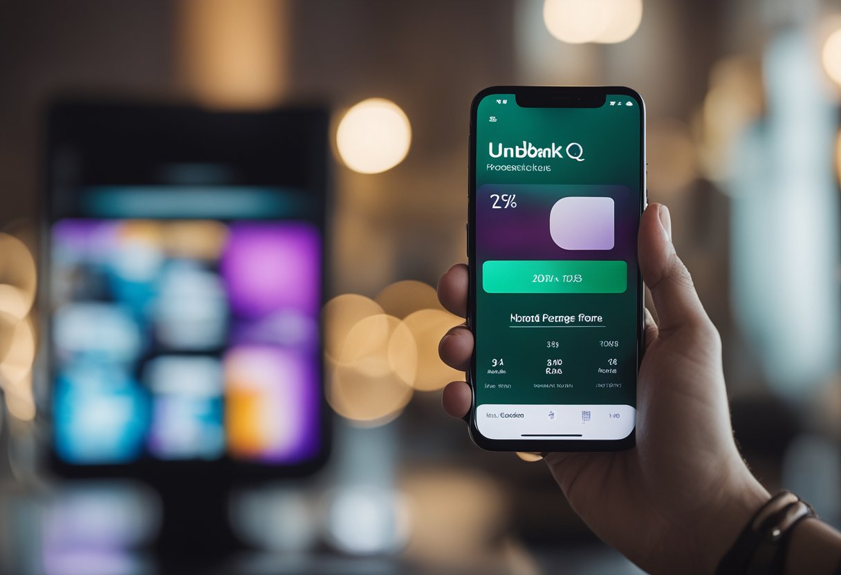 Um cliente usando um smartphone para acessar o aplicativo Nubank, enquanto a interface do aplicativo exibe opções para aumentar o limite de crédito.