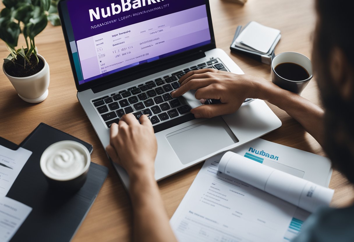 Uma pessoa pesquisando o limite de empréstimo do Nubank, com um laptop aberto no site do Nubank, cercada por documentos financeiros e uma calculadora.