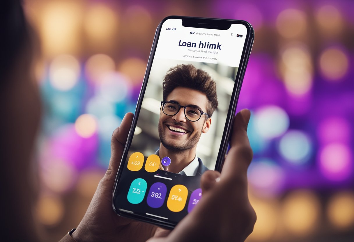 Uma pessoa sorrindo enquanto usa um smartphone para interagir com o aplicativo Nubank, com um gráfico mostrando um limite de empréstimo crescente ao fundo.