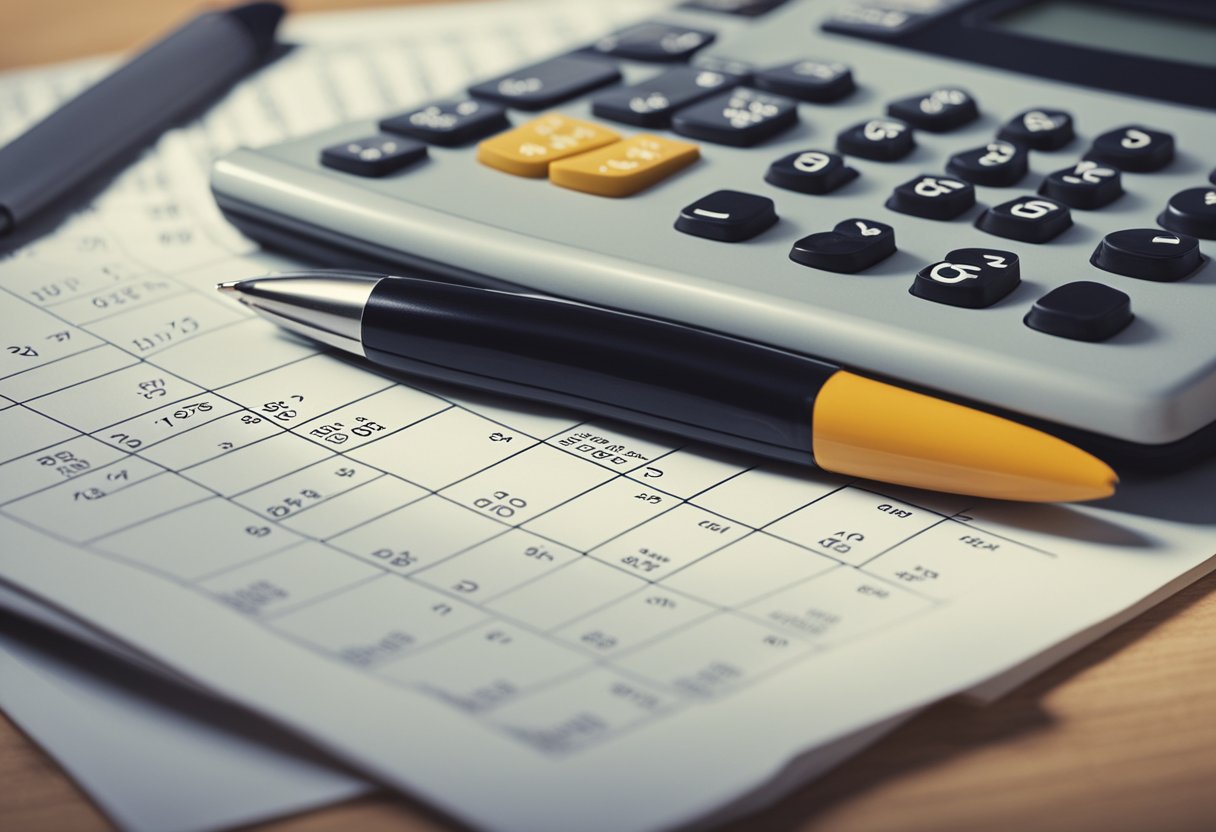 Uma calculadora cercada por contracheques e um calendário, com uma caneta e papel para anotações