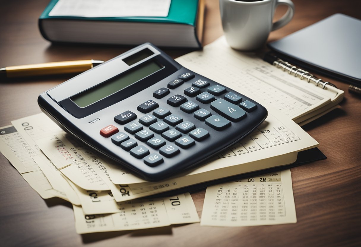 Uma mesa com uma calculadora, contracheques e um calendário, representando o processo de cálculo do salário de um trabalhador intermitente.