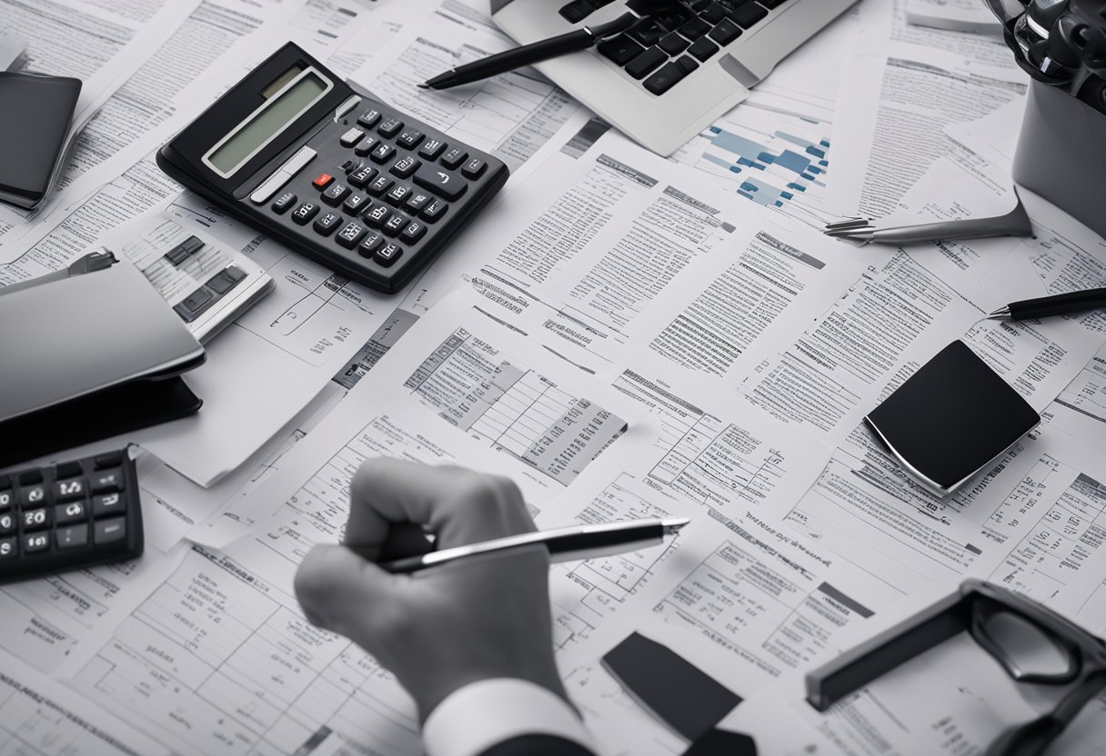 Uma pessoa sentada em uma mesa, cercada por papéis e uma calculadora, com uma expressão perplexa enquanto tenta calcular o salário intermitente.