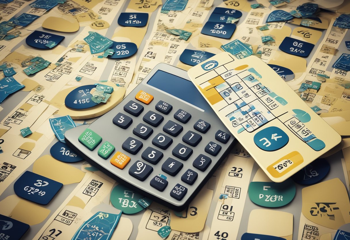 Um cartão de crédito cercado por símbolos matemáticos e uma calculadora, com um gráfico mostrando diferentes taxas de juros e opções de pagamento.