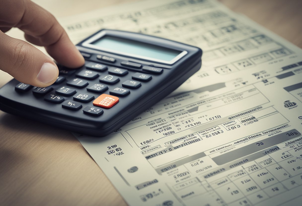 Uma mão segurando um cartão de crédito e uma calculadora, com números e equações exibidos na tela, representando o processo de cálculo de pagamentos parcelados com juros de cartão de crédito.