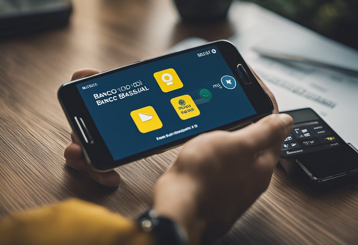 Uma pessoa usando um smartphone para acessar sua conta do Banco do Brasil, navegando pelo aplicativo para encontrar a opção de cancelar sua chave Pix.