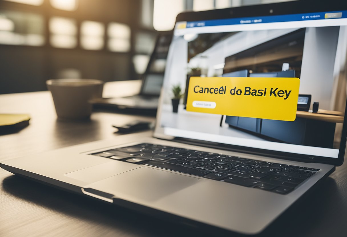 Uma pessoa em um computador, clicando na opção "cancelar chave Pix" no site do Banco do Brasil, com um smartphone próximo exibindo o aplicativo Pix.