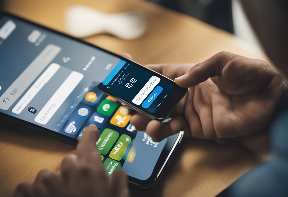 Uma pessoa usando um smartphone para acessar o aplicativo do seu banco, tocando na seção de pagamentos agendados e selecionando a opção para cancelar um pagamento para o Banco do Brasil.