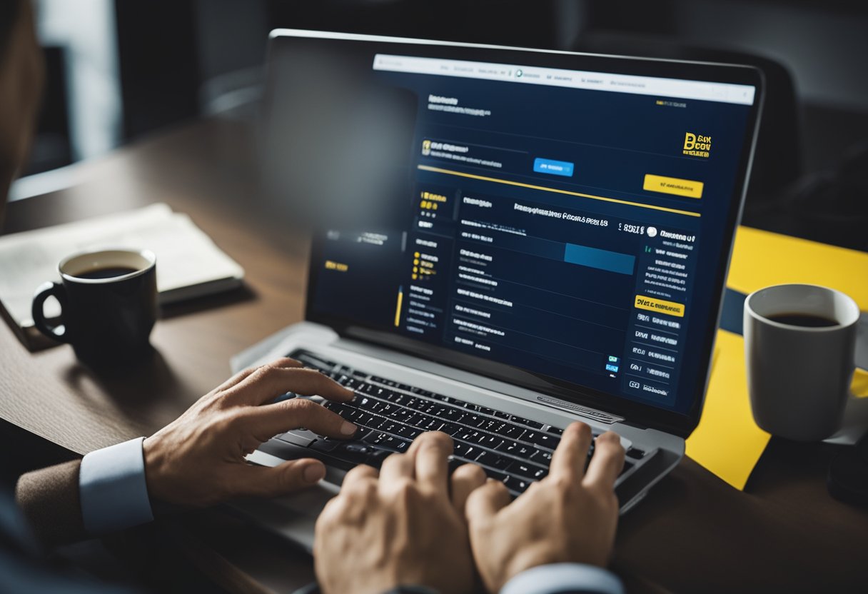 Uma pessoa usando um computador para acessar o site do Banco do Brasil, navegando até a seção de agendamento de pagamentos e cancelando um pagamento.