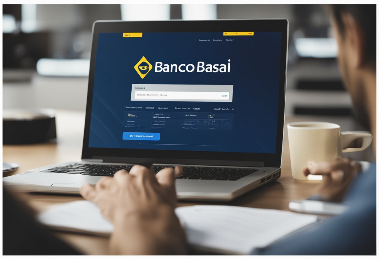 Uma pessoa acessando um computador, navegando pelo site do Banco do Brasil e clicando na opção para cancelar um pagamento agendado.