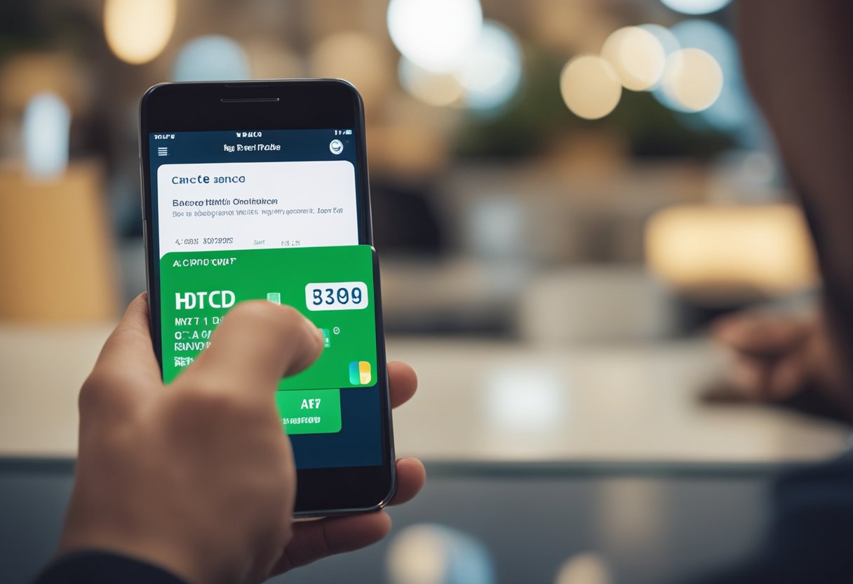 Uma pessoa usando um smartphone para acessar o aplicativo do Banco Pan, tocando na opção "cancelar cartão" com uma expressão pensativa.