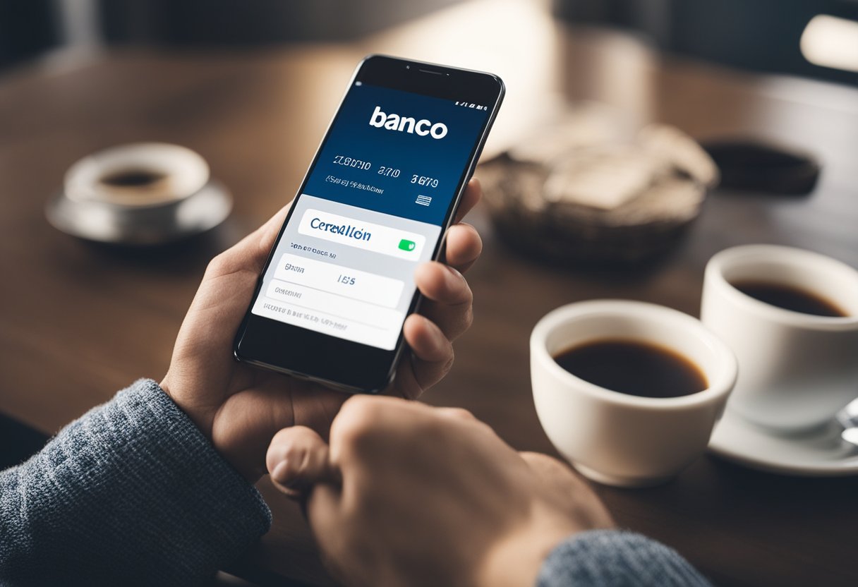 Uma pessoa usando um telefone para acessar o site do Banco Pan, navegando pelo processo de cancelamento de um cartão de crédito.