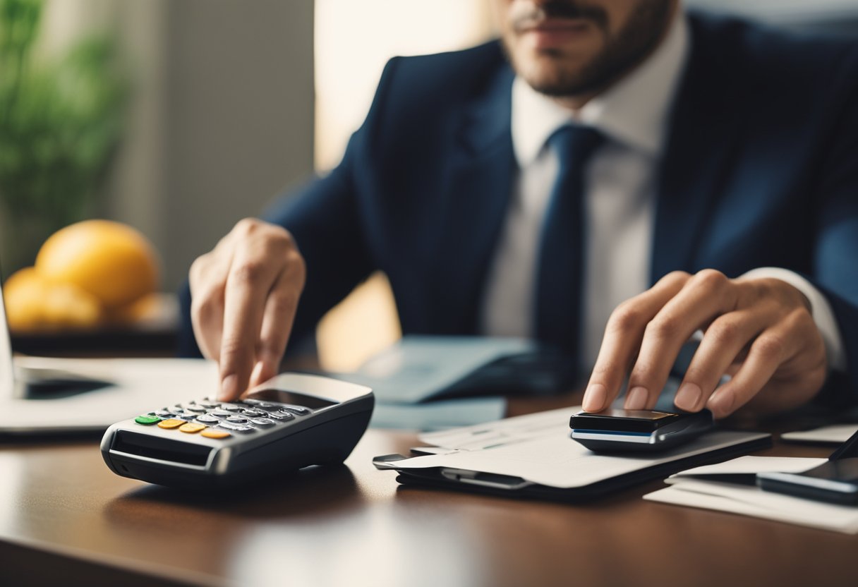 Uma pessoa usando um telefone para ligar para uma empresa de cartão de crédito, com uma pilha de contas e um cartão de crédito na mesa
