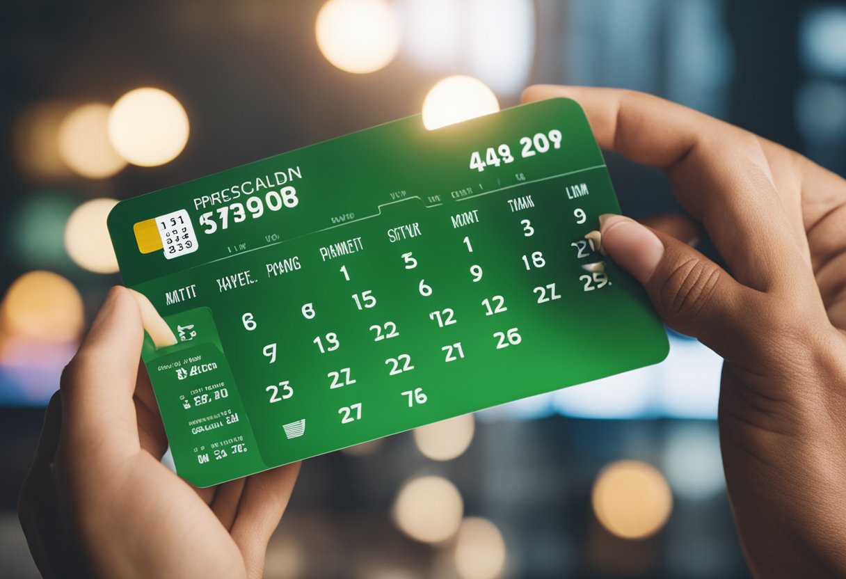 Uma mão segurando um cartão de crédito com um calendário ao fundo, mostrando as próximas datas de vencimento dos pagamentos
