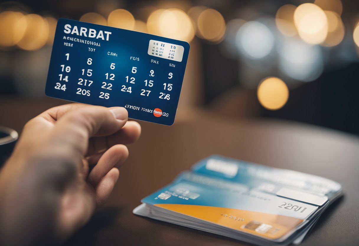 Uma mão segurando um cartão de crédito com um calendário ao fundo, mostrando as próximas datas de pagamento