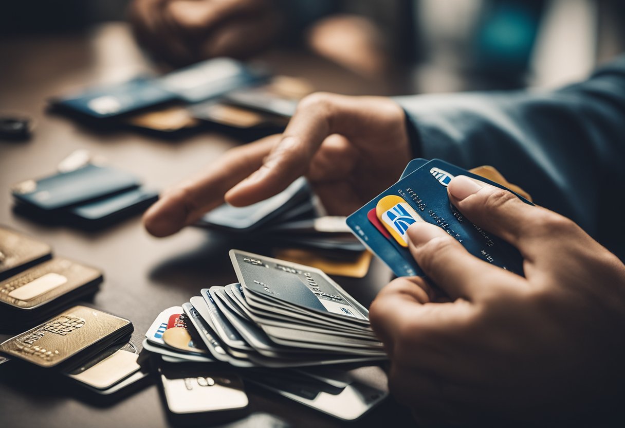 Uma mão alcançando vários cartões de crédito, com um par de tesouras cortando-os.