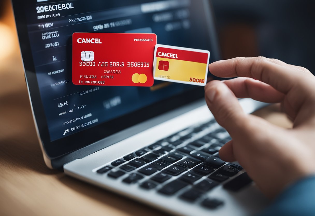 Uma mão segurando um cartão de crédito com um botão vermelho de "cancelar" na tela do computador