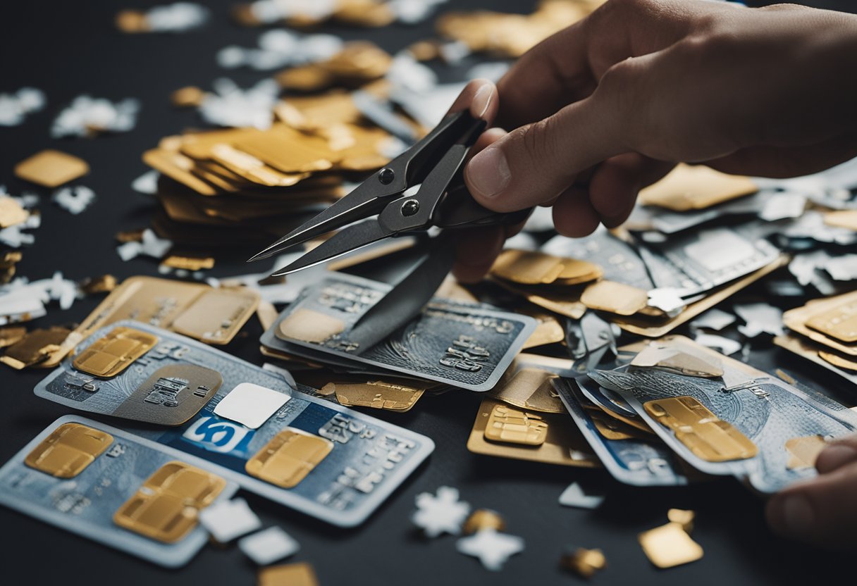 Uma mão segurando vários cartões de crédito, com uma tesoura cortando-os, cercada por uma pilha de pedaços de cartões picados em uma mesa