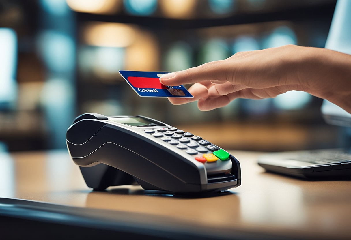 Uma mão alcançando um cartão de crédito com um botão vermelho de 'cancelar', cercada por um telefone, computador e representante de atendimento ao cliente